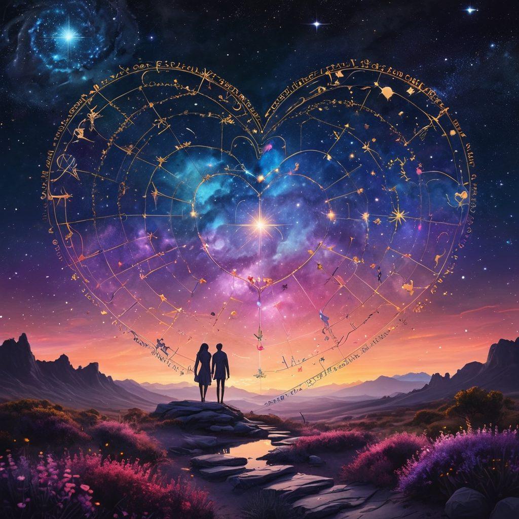 A celestial landscape featuring a starry night sky filled with constellations intertwined with heart shapes, symbolizing love and astrology. Include two silhouette figures standing hand in hand, looking up at the stars, surrounded by colorful zodiac symbols that radiate energy and connection. Soft, ethereal glow illuminating a cosmic pathway leading towards the horizon. vibrant colors. super-realistic.