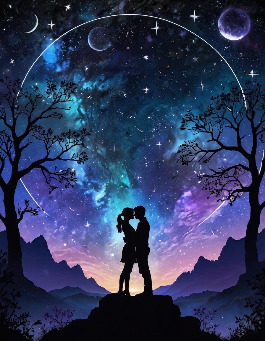 A celestial backdrop filled with constellations and zodiac symbols, intertwined with silhouettes of diverse couples exploring deep connections beneath a starry night sky. Astrological charts and glowing hearts float in the air, embodying the theme of compatibility in relationships. The color palette is rich with cosmic blues, purples, and golds, evoking a sense of mystery and enchantment. super-realistic. vibrant colors. night sky.