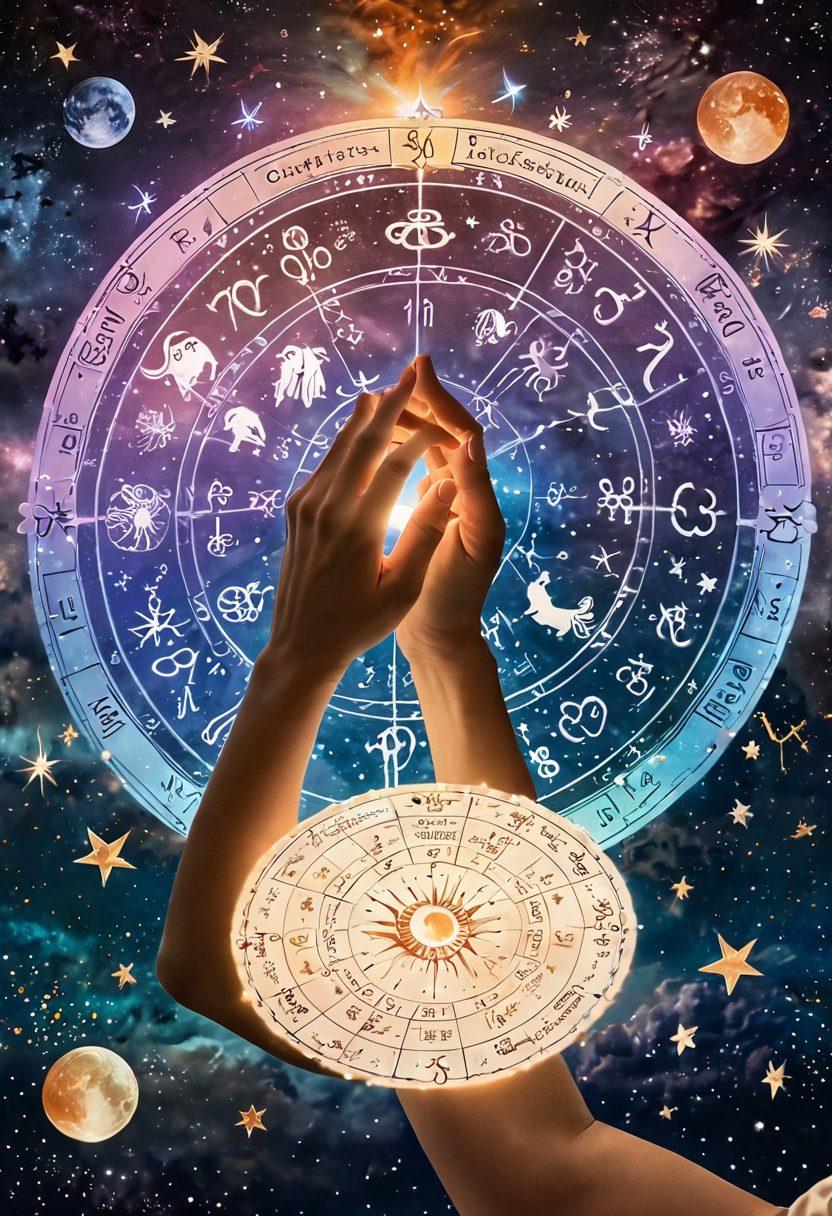 A whimsical celestial scene depicting two intertwined zodiac signs surrounded by shimmering stars and planets, symbolizing love and connection. In the foreground, a person's hand holds a glowing compatibility report filled with astrological charts and symbols, radiating warmth and light. The background transitions from a night sky to a pastel sunset, evoking feelings of hope and romance. Include soft, ethereal lighting and intricate details in the zodiac symbols. vibrant colors. dreamy style.